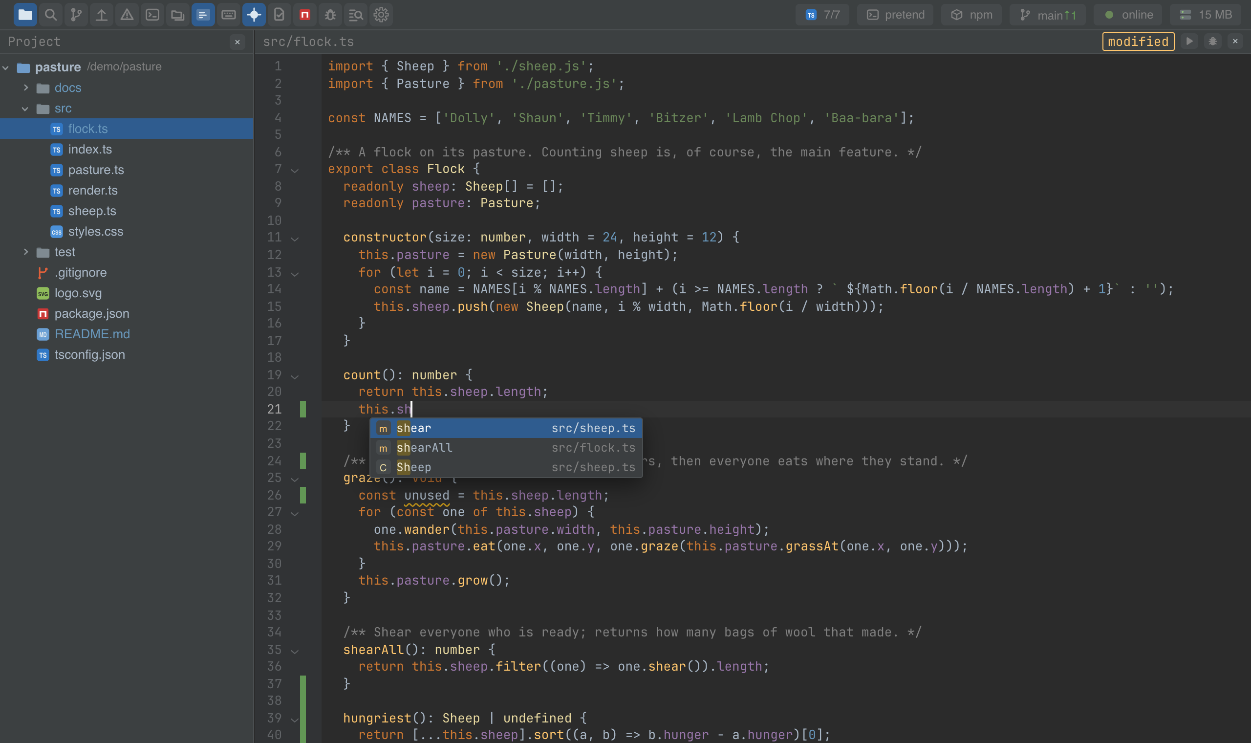 The completion list with types and documentation
