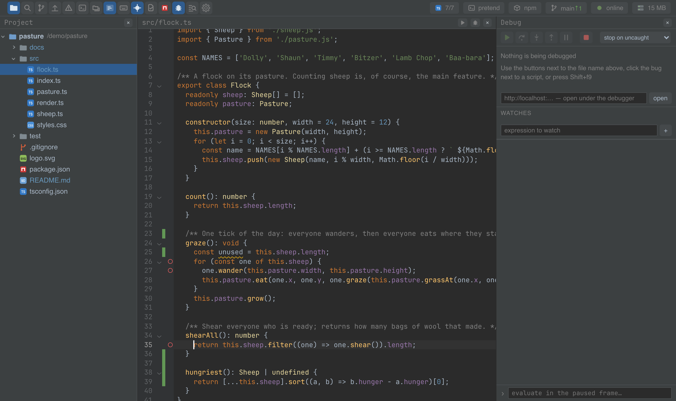 Breakpoints in the gutter and the debugger panel