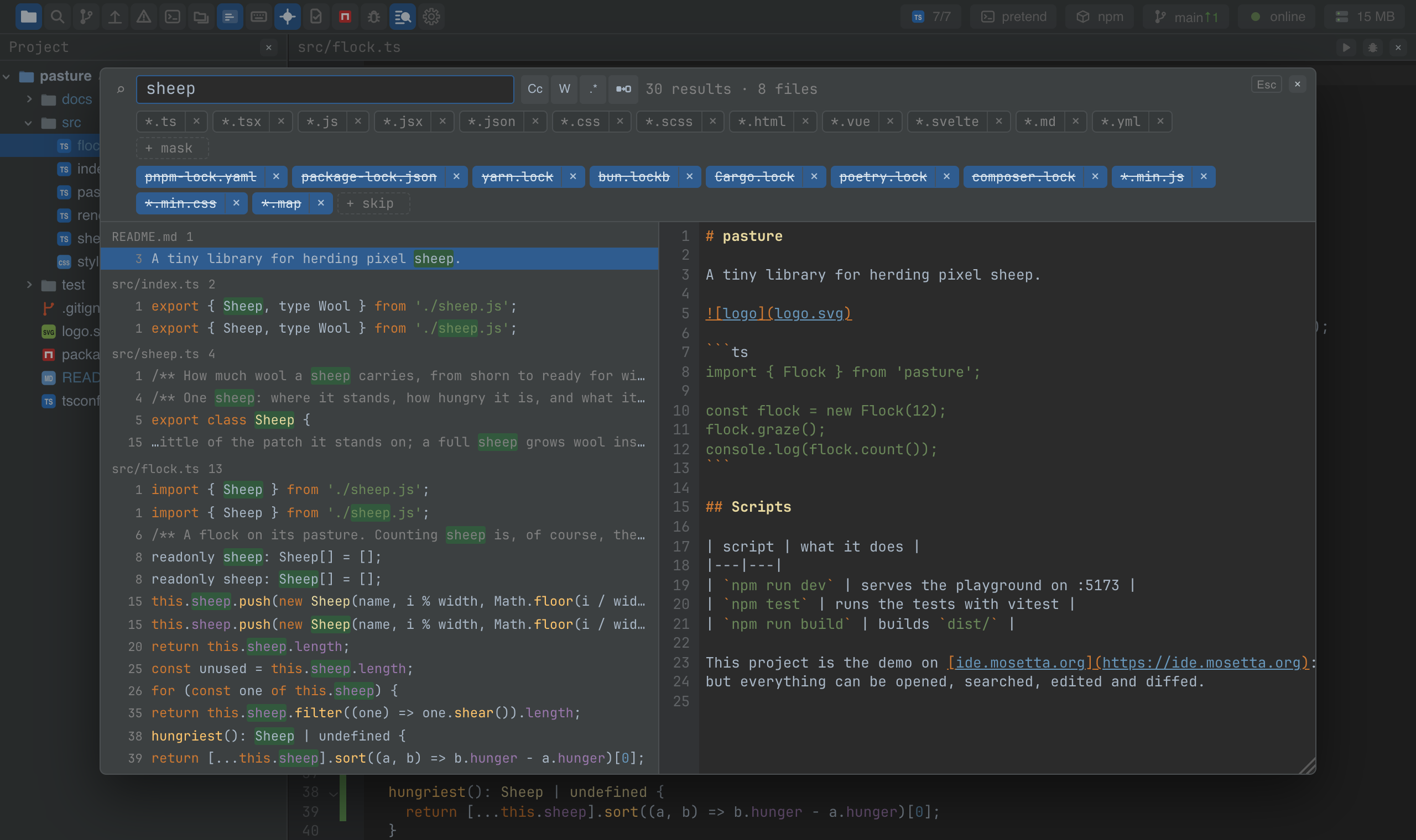 Find in the project: hits by file, masks as chips, a preview