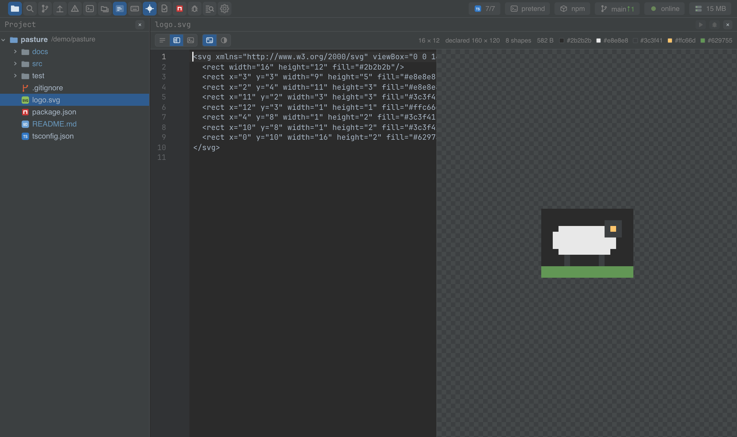 An SVG with its source and the rendering side by side