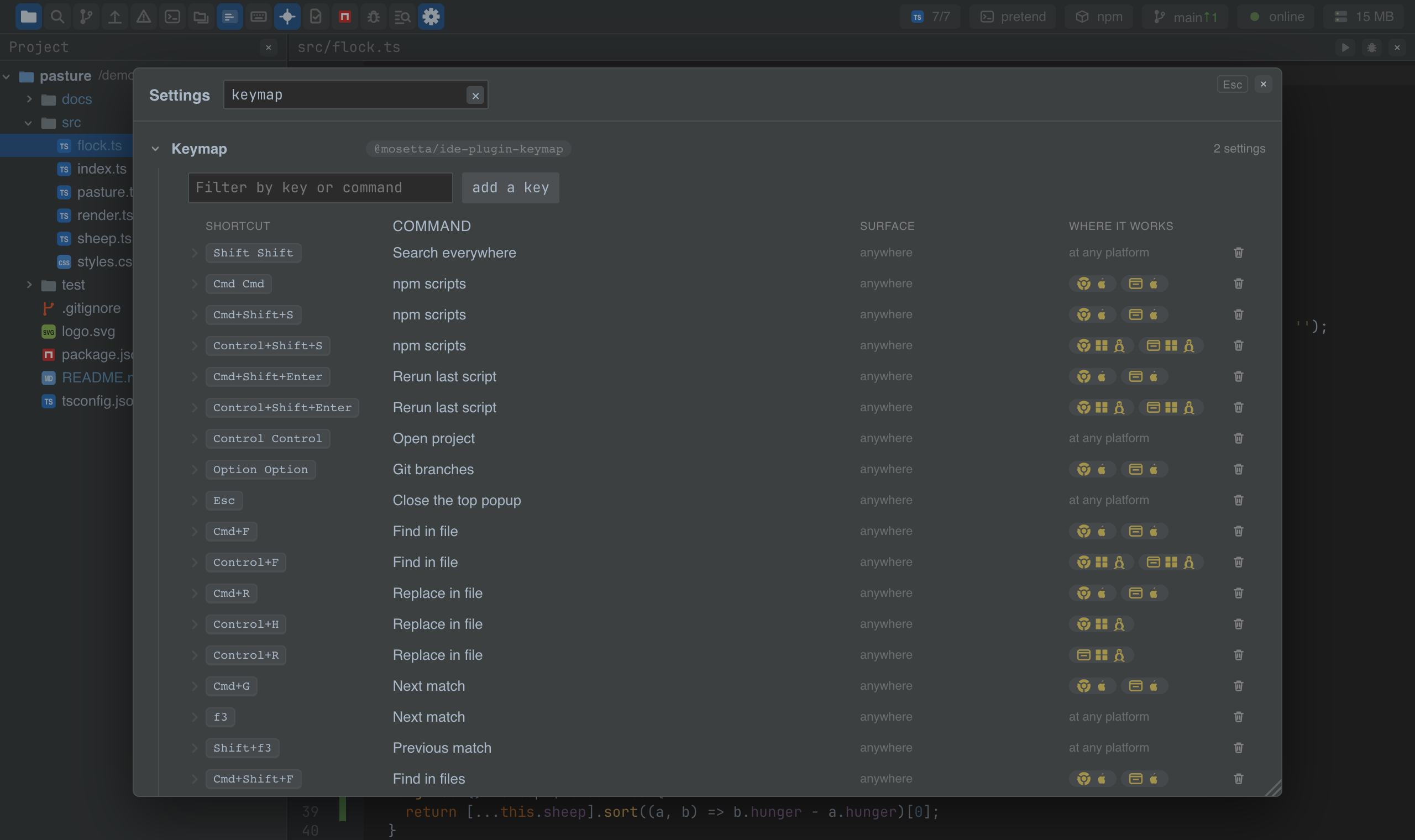 The keymap editor in the settings window