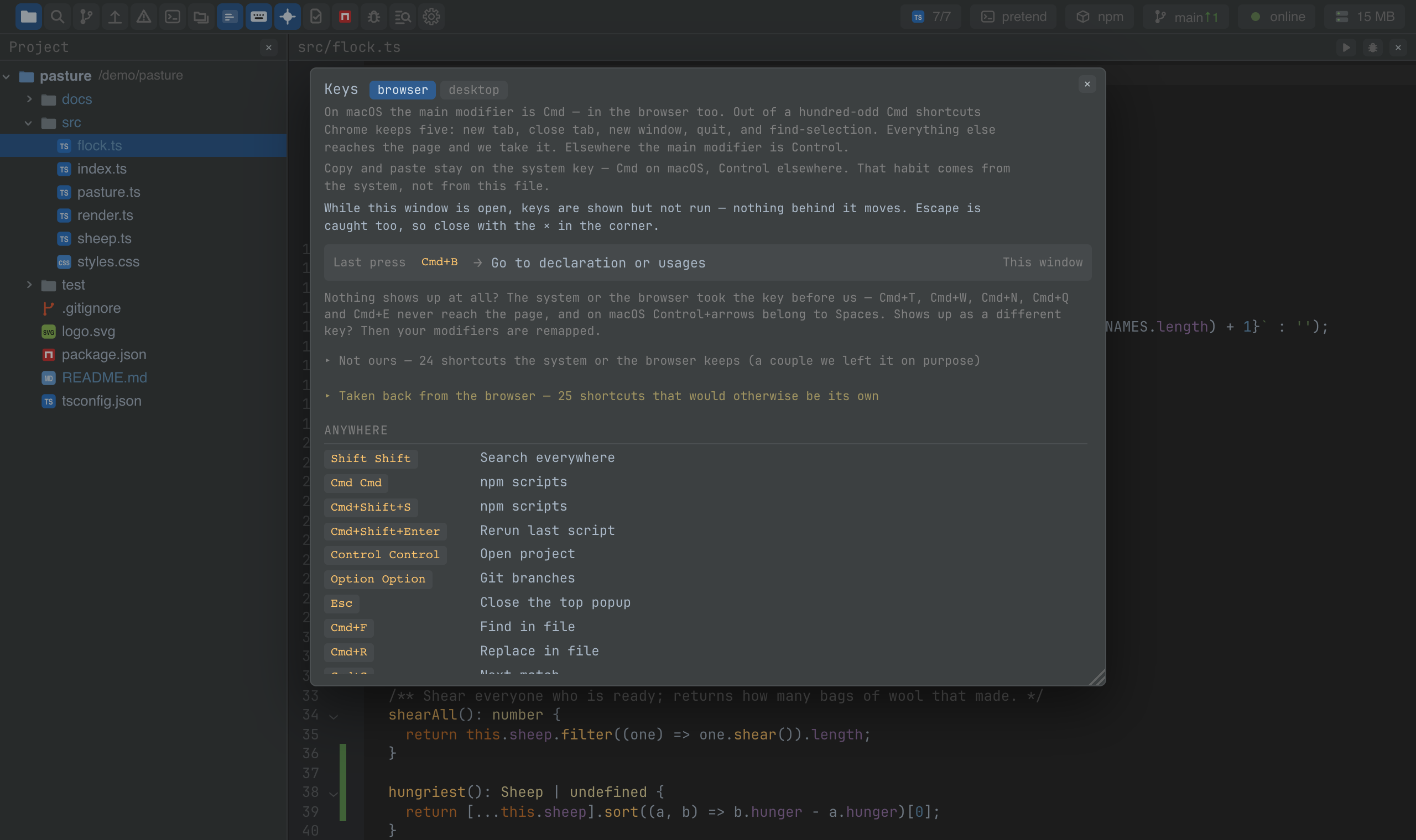 The keys window: the last press, and the keymap by surface