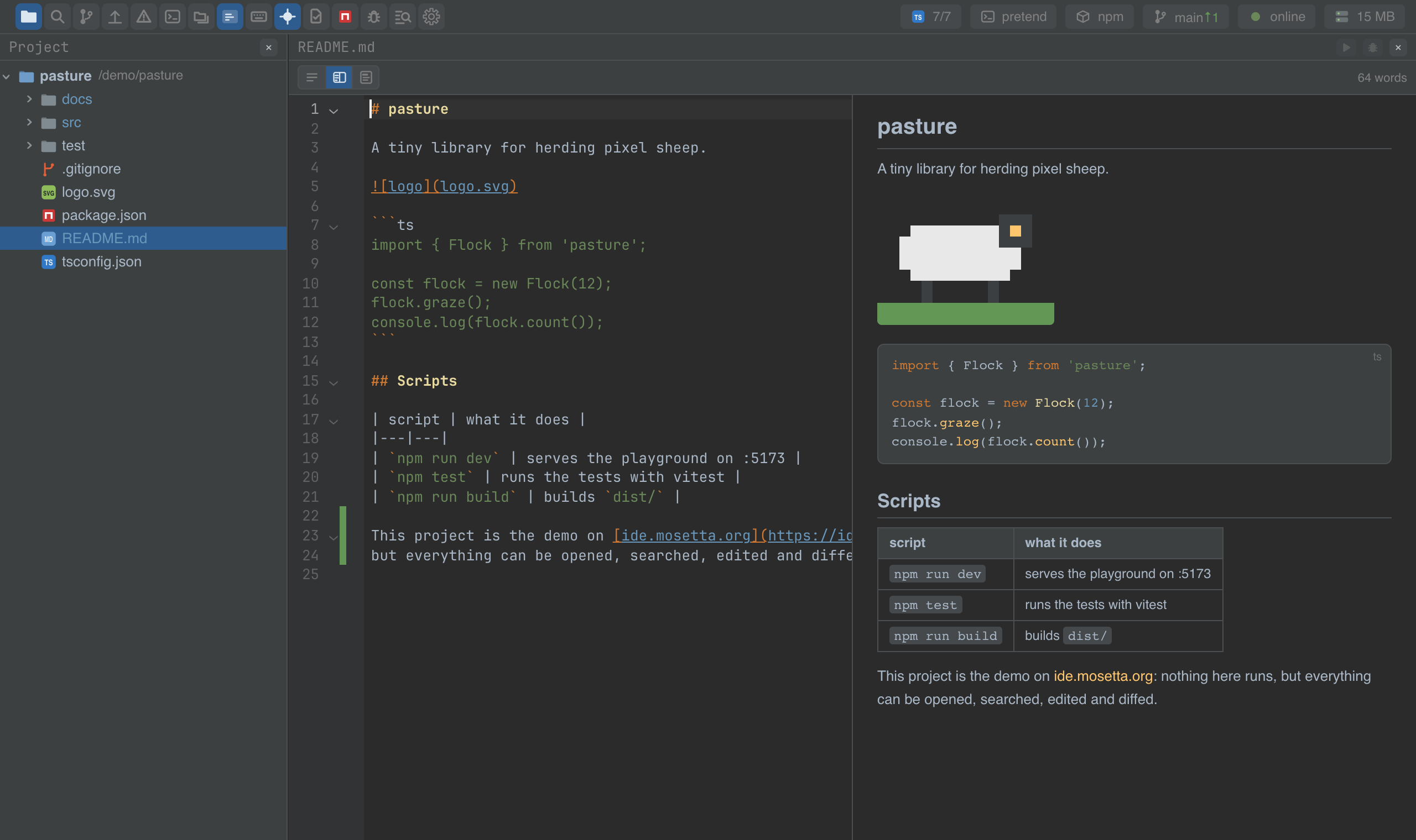 A README with its rendering side by side