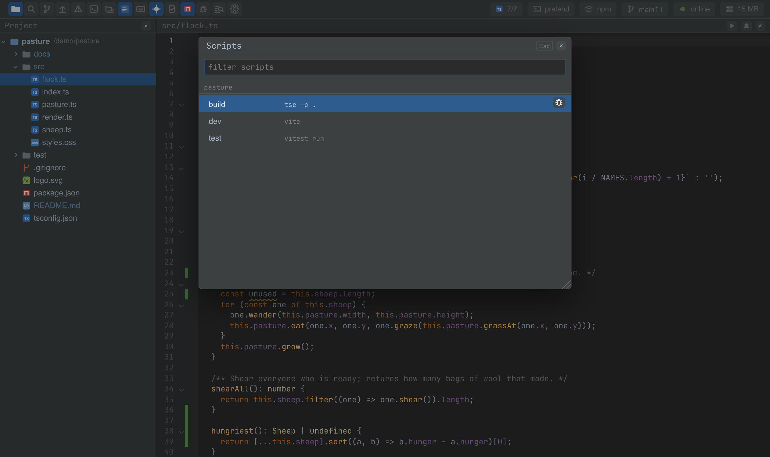 The scripts window over the editor
