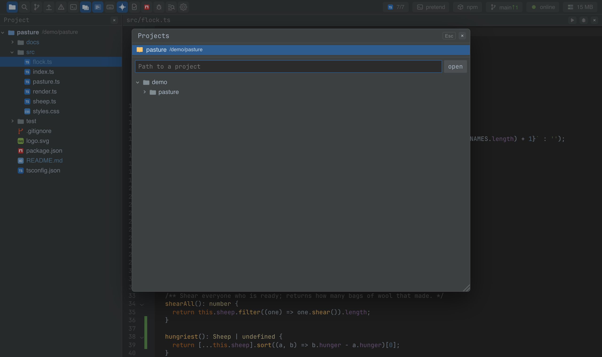 The project window: recent projects and a path with completion