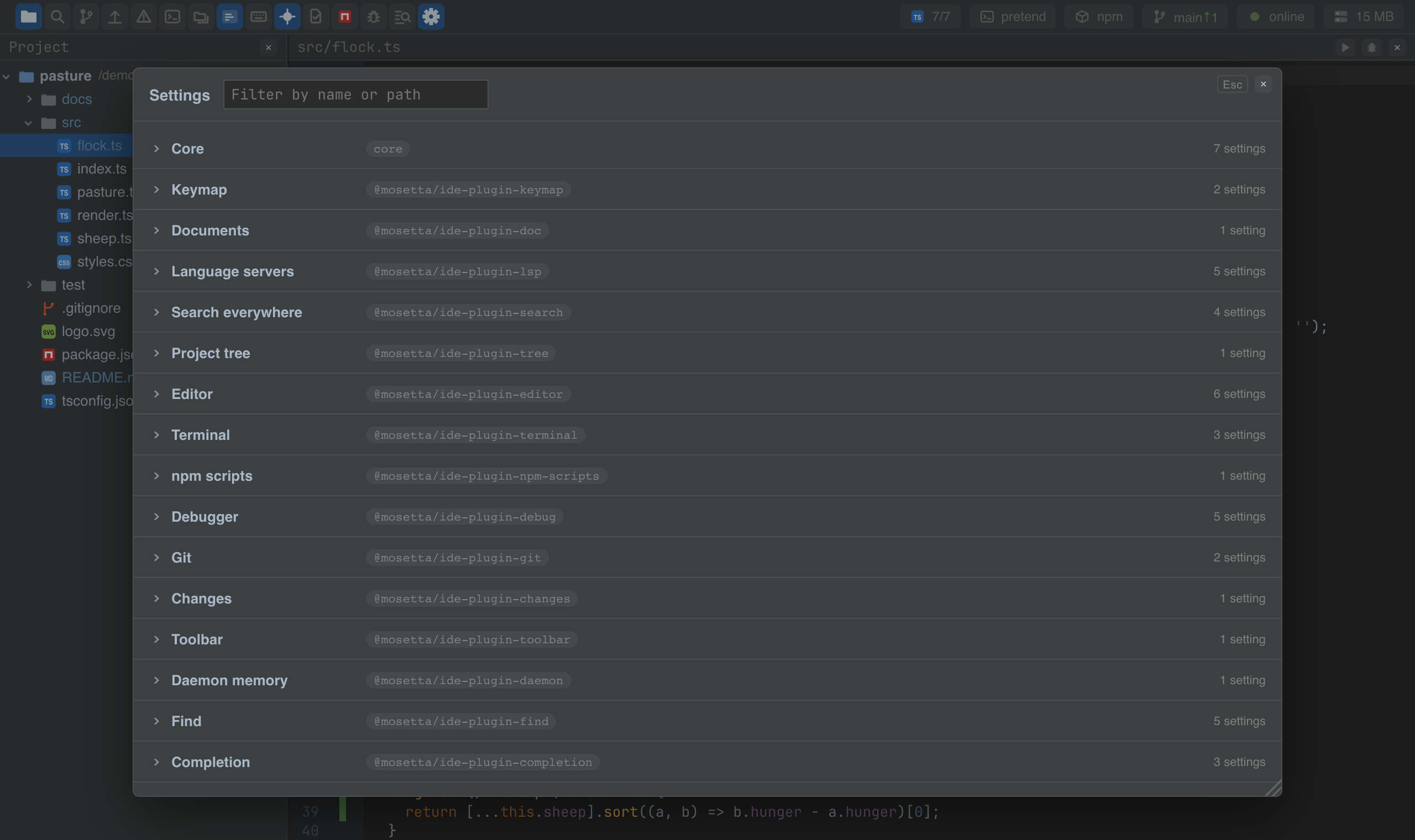 The settings window, sections by plugin