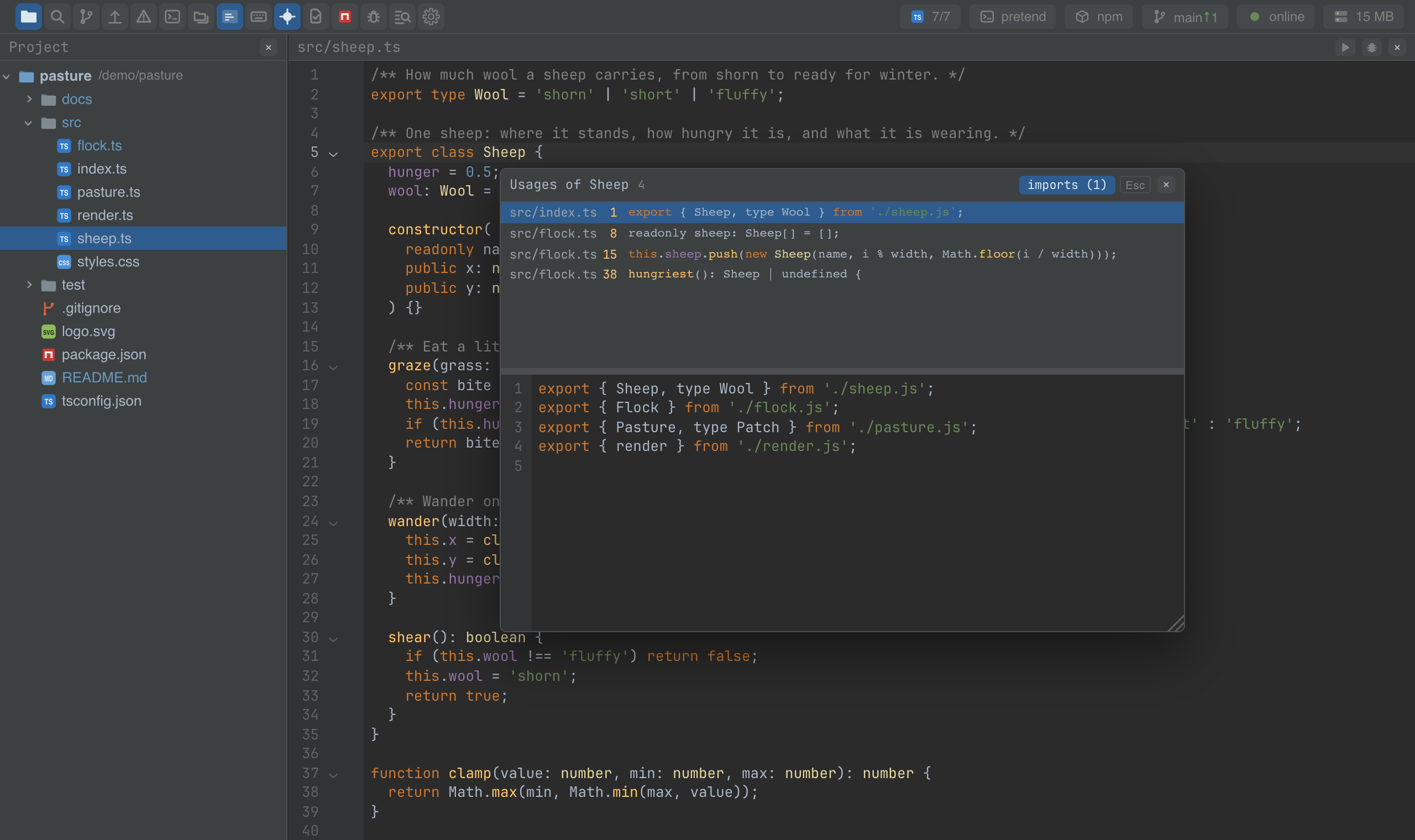 The usages of a class, with a preview of each