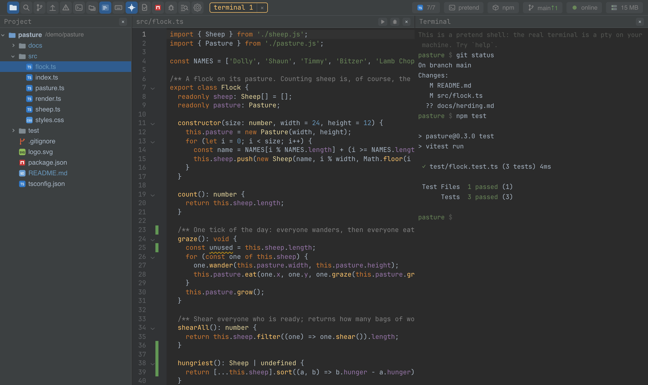 A terminal next to the editor, tests just run
